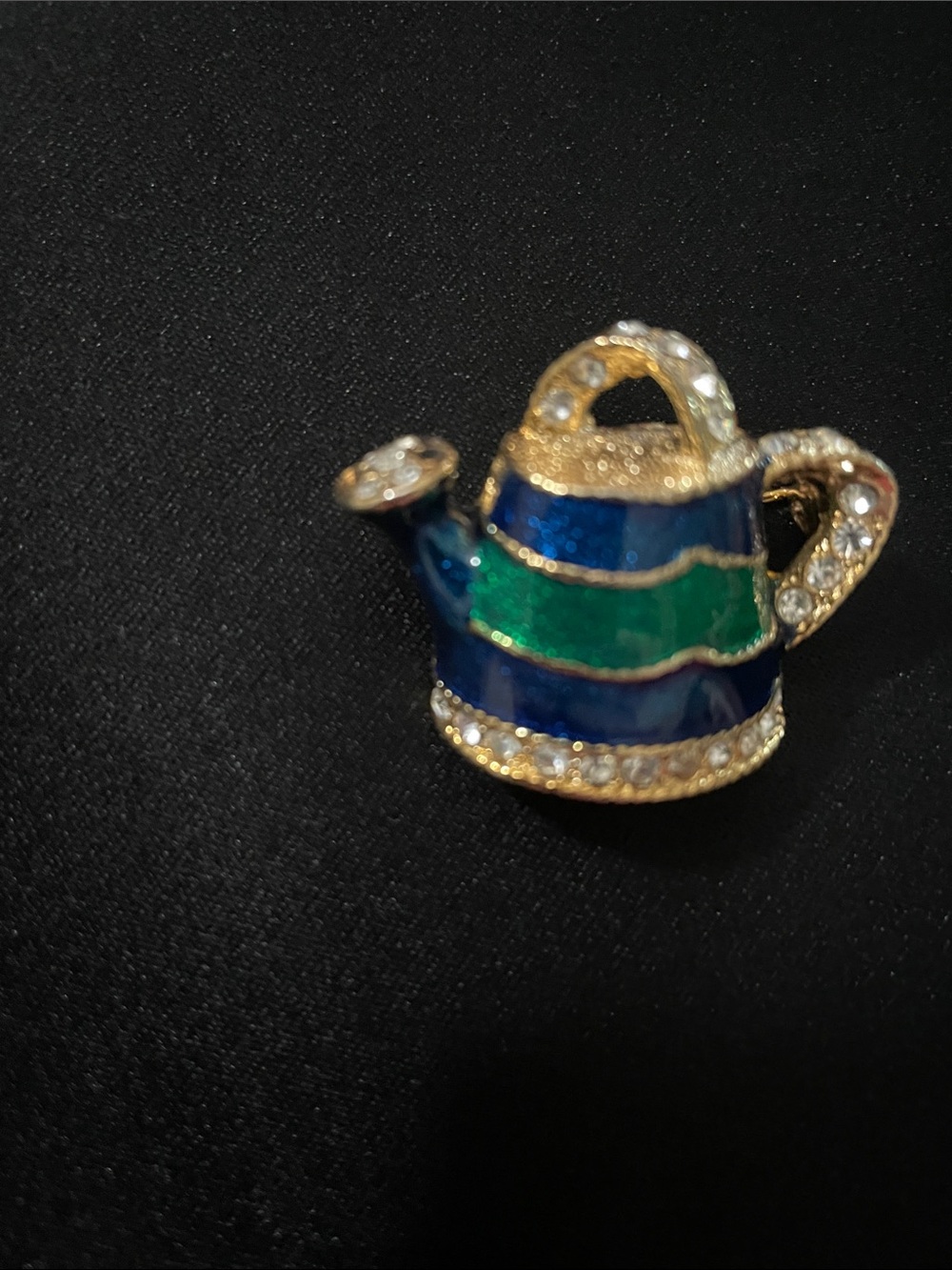 Source Unknown Blue and Green Striped Watering Can Brooch with Rhinestones - Picture 7 of 8